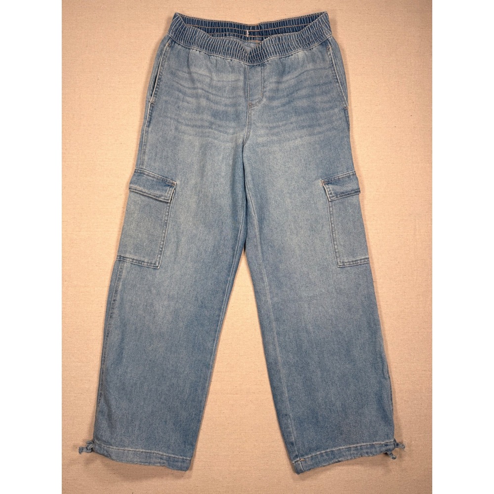 Vanilla Star Womens Light Wash Elastic Waist Wide Leg Cargo Jeans Size M